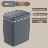 Black Intelligent Dual-Sensor Trash Can (Hand-Wave & Knee-Bend) - Slim-Fit Touchless Battery-Powered Bin for Bathroom & Kitchen