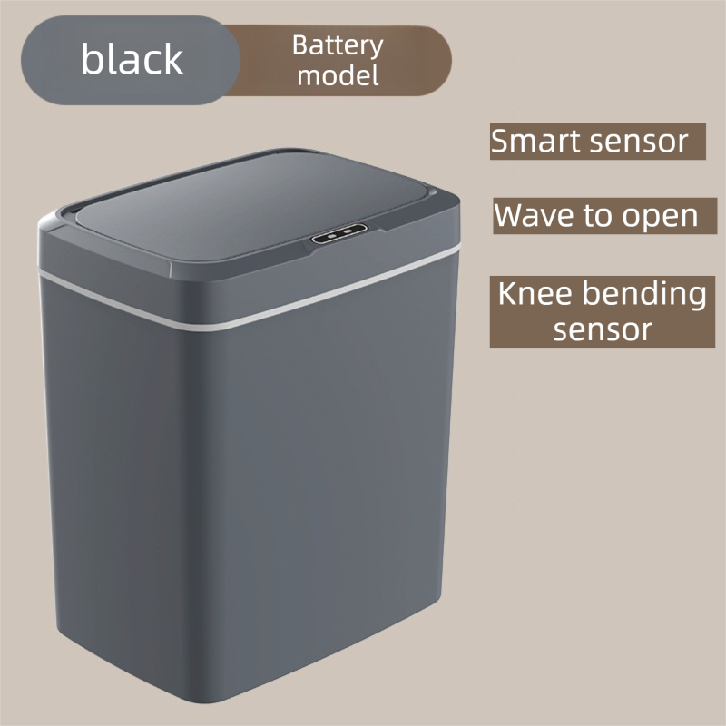 Black Intelligent Dual-Sensor Trash Can (Hand-Wave & Knee-Bend) - Slim-Fit Touchless Battery-Powered Bin for Bathroom & Kitchen