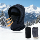Windproof Thermal Rider Protection Set - 2 Pack Faux Rabbit Fur Knee Braces & Dark Blue Fleece Balaclava Hood Outdoor Sports Warmth Bundle