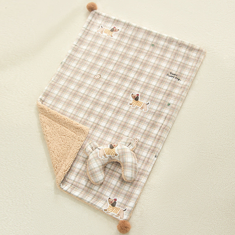 Plaid Puppy Premium Soft Fleece Dog Bed Quilt & Pillow Set (M Size 60 x 40 CM) - All-Season Reversible Warm Cat Nap Pad