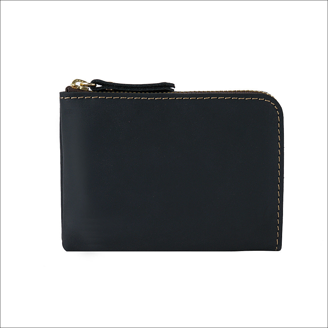 Black Handmade Crazy Horse Leather Wallet Minimalist L-Zip Card Holder Top Layer Cowhide Short Purse with Coin Pocket 12cm Vintage Style