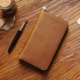 Brown Genuine Crazy Horse Leather Fountain Pen Case Zippered Organiser Pouch with 5 Elastic Loops & Mesh Pocket Vintage Stationery Holder