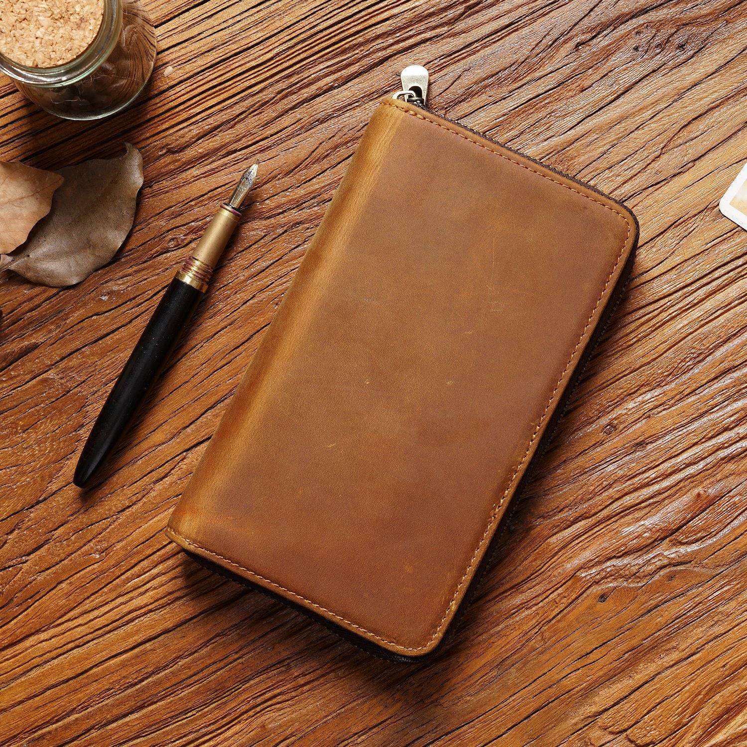 Brown Genuine Crazy Horse Leather Fountain Pen Case Zippered Organiser Pouch with 5 Elastic Loops & Mesh Pocket Vintage Stationery Holder