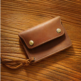 Brown Handmade Crazy Horse Leather Wallet Vintage Coin Purse Zipper Card Holder with Strap Snap Closure Top Layer Cowhide 12cm