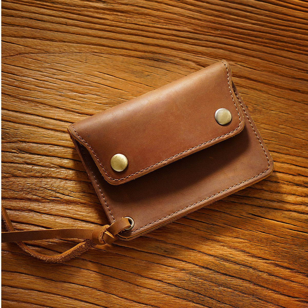 Brown Handmade Crazy Horse Leather Wallet Vintage Coin Purse Zipper Card Holder with Strap Snap Closure Top Layer Cowhide 12cm