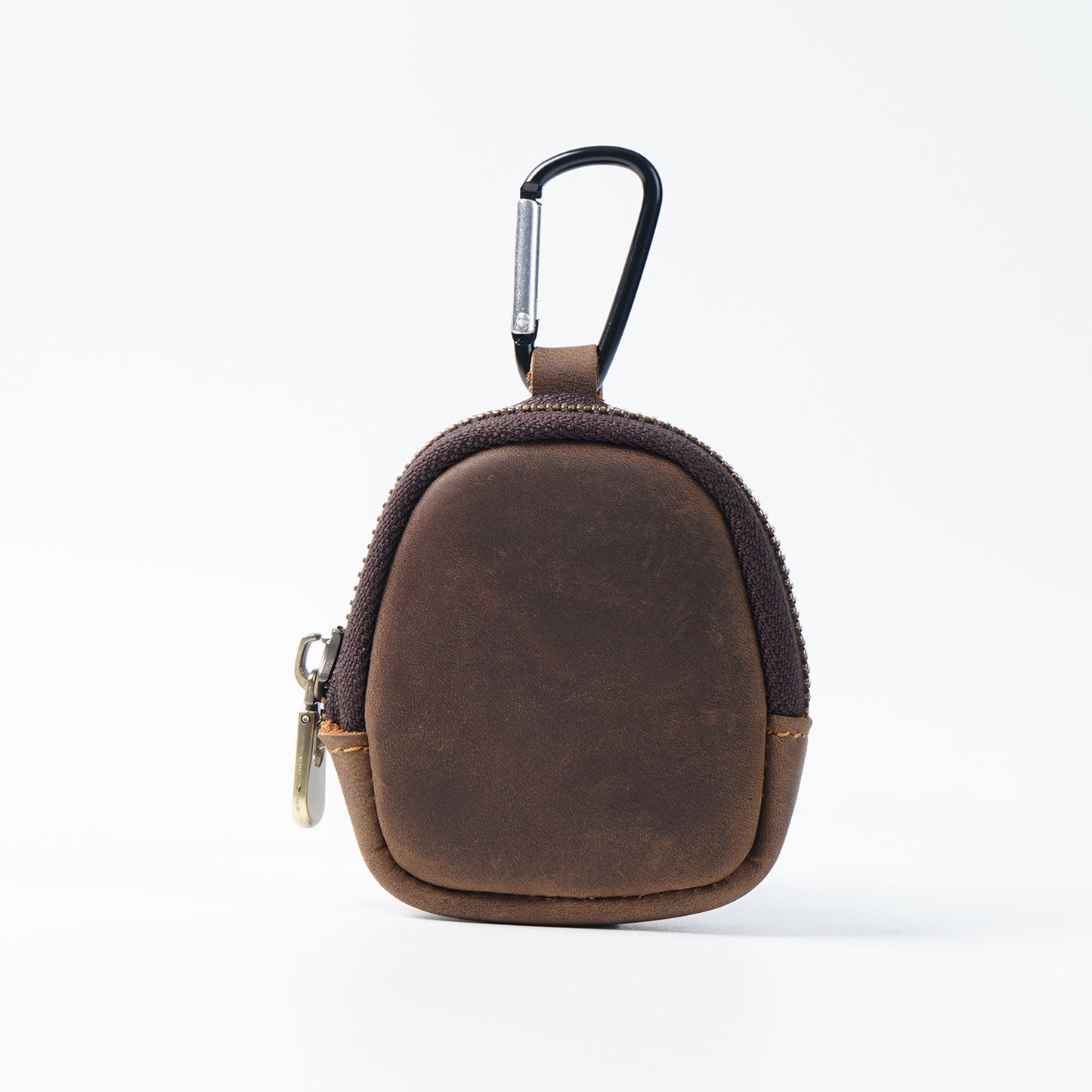 Coffee Genuine Crazy Horse Leather Mini Coin Purse Zipper Shell Pouch Small Earphone Case Key Holder with Carabiner Clip 8.5cm for Travel