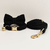 S Black Elegant Tweed Pet Collar and Leash Set - Adjustable Cat and Small Dog Collar with Removable Bow Tie and Gold Bell