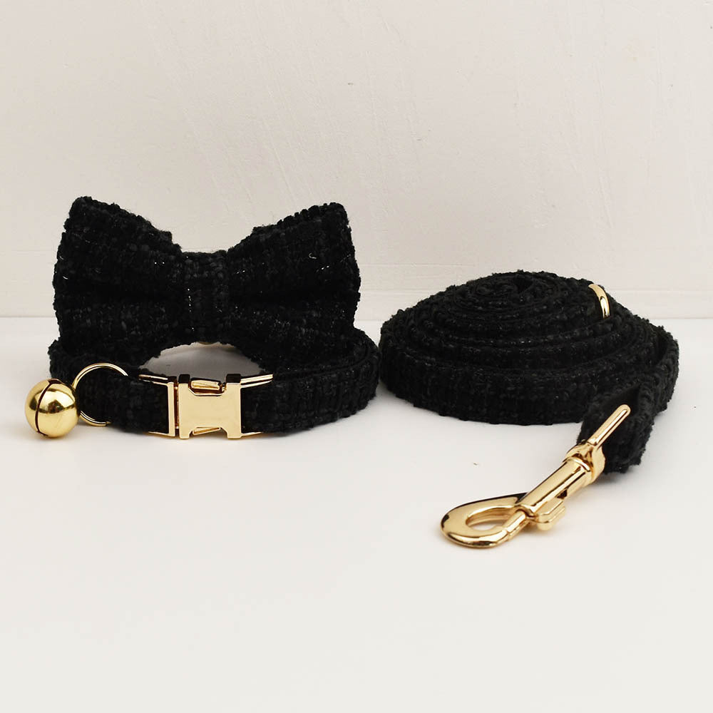S Black Elegant Tweed Pet Collar and Leash Set - Adjustable Cat and Small Dog Collar with Removable Bow Tie and Gold Bell