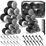 Black 50-Piece Professional Hair Roller Set - Multi-Size Self-Grip Velcro Rollers with Clips and Tail Comb - Complete Heatless Styling Kit for Voluminous Curls and Air Bangs