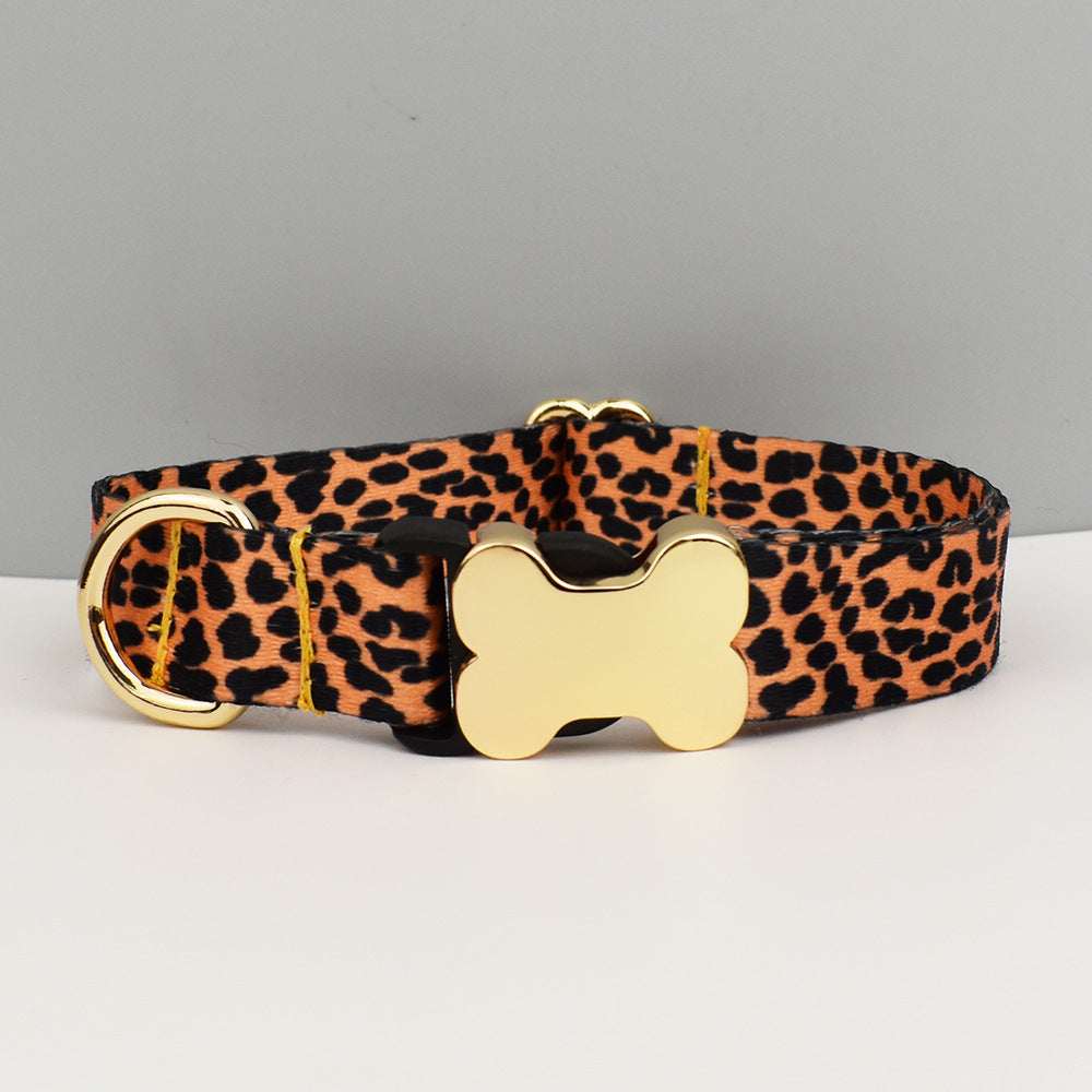 M Leopard Print Patterned Dog Collar with Gold Metal Bone Buckle Adjustable Tribal & Leopard Print Neck Strap for Puppies & Dogs