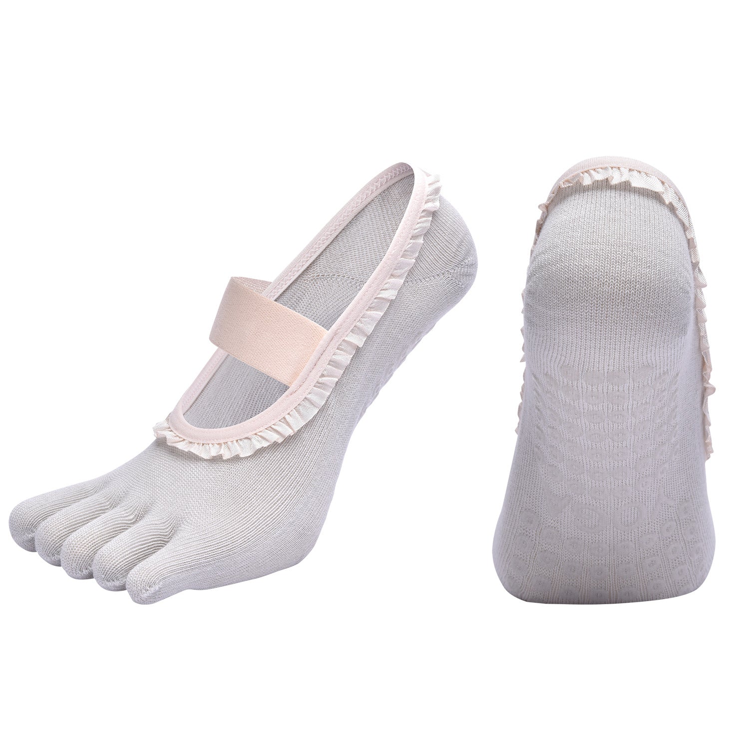 Grey 2pcs Women's 5-Finger Ballet Style Yoga Socks - Non-Slip Grip Pilates & Dance Socks with Elegant Lace Trim and Elastic Cross Strap