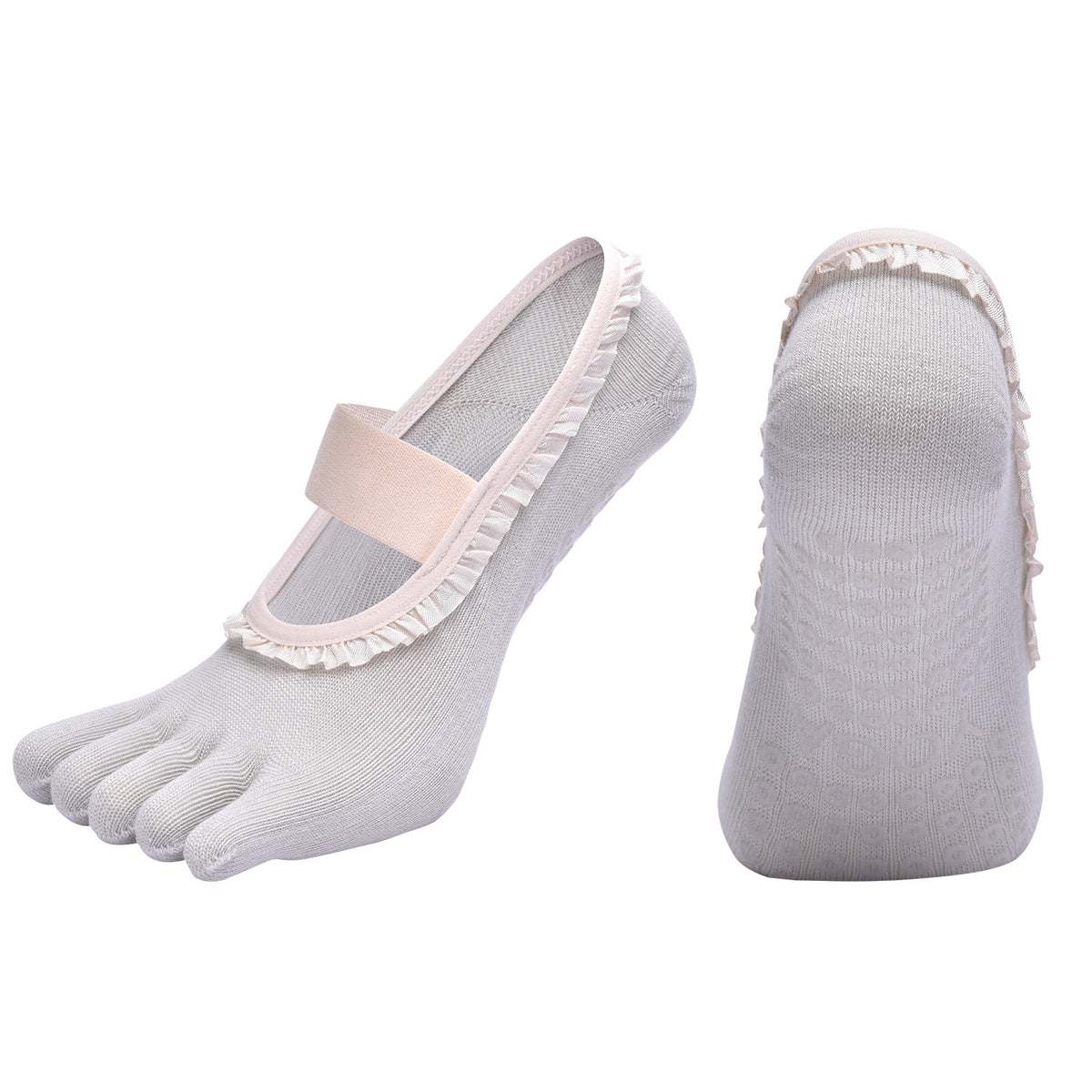 Grey 2pcs Women's 5-Finger Ballet Style Yoga Socks - Non-Slip Grip Pilates & Dance Socks with Elegant Lace Trim and Elastic Cross Strap