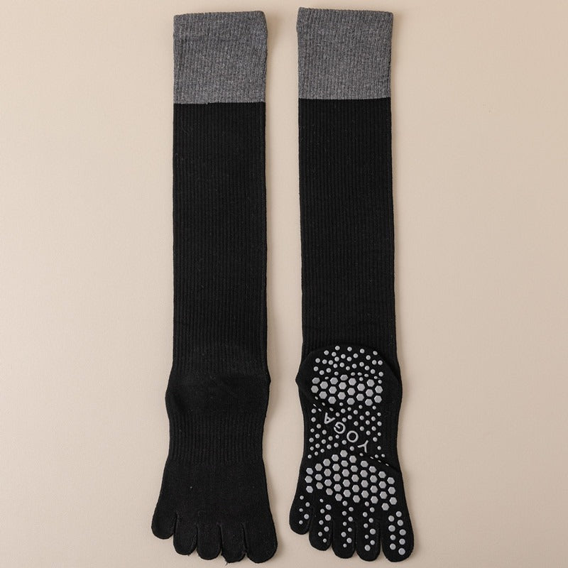 Black 2PCS Women's Professional Five-Finger Compression Calf Socks - High-Performance Knee-High Non-Slip Grip Socks for Yoga, Running, and Fitness