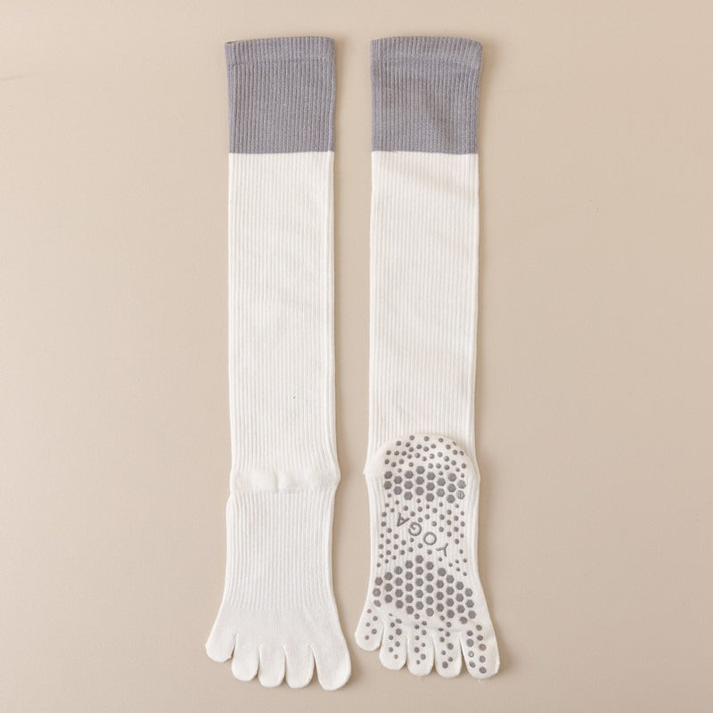 White 2PCS Women's Professional Five-Finger Compression Calf Socks - High-Performance Knee-High Non-Slip Grip Socks for Yoga, Running, and Fitness