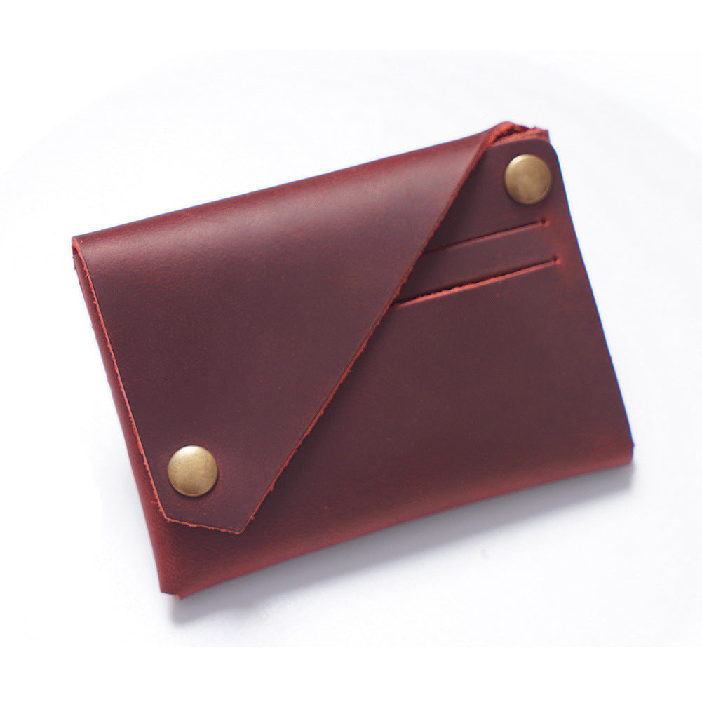 Wine Red Vintage Genuine Leather Mini Wallet - Minimalist Handmade Card Holder & Coin Purse for Men and Women - Retro Cowhide Snap Wallet