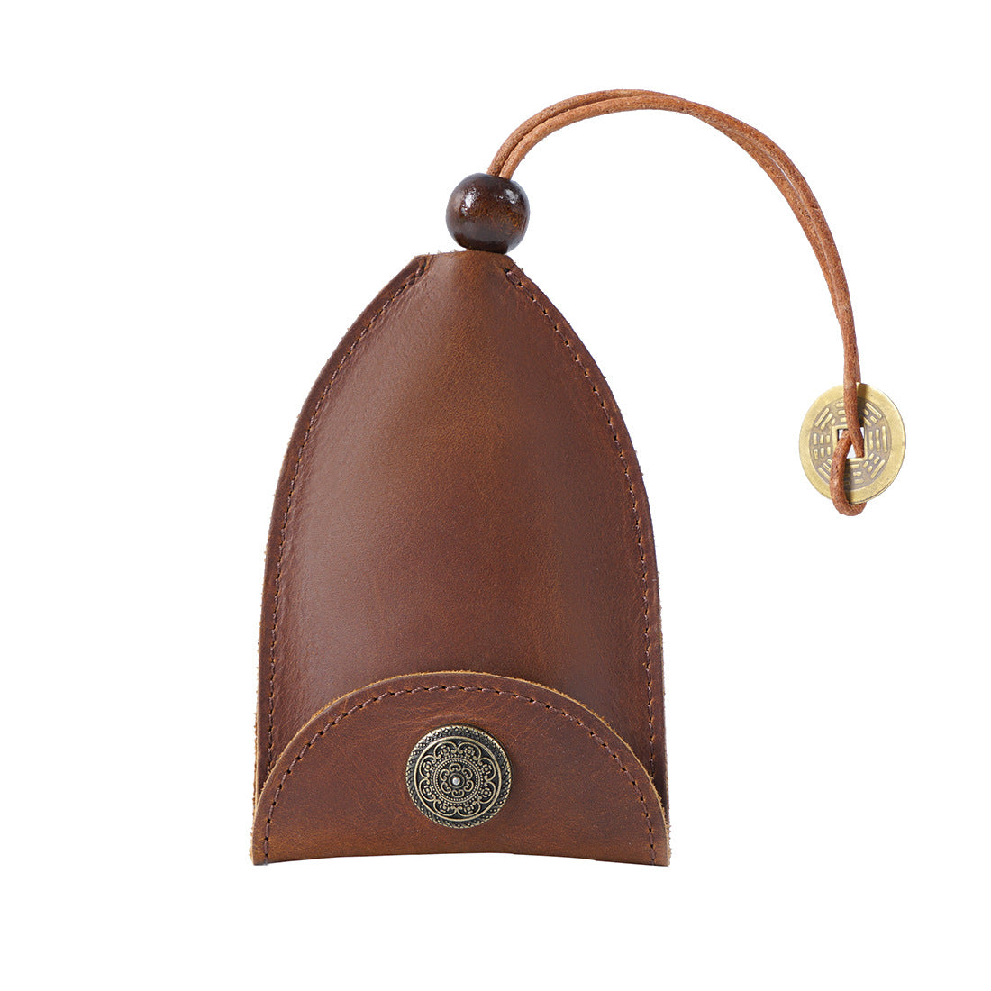 Brown Vintage Crazy Horse Leather Key Organizer - Handmade Pull-Out Car Key Case & Home Key Holder with Retro Coin Charm