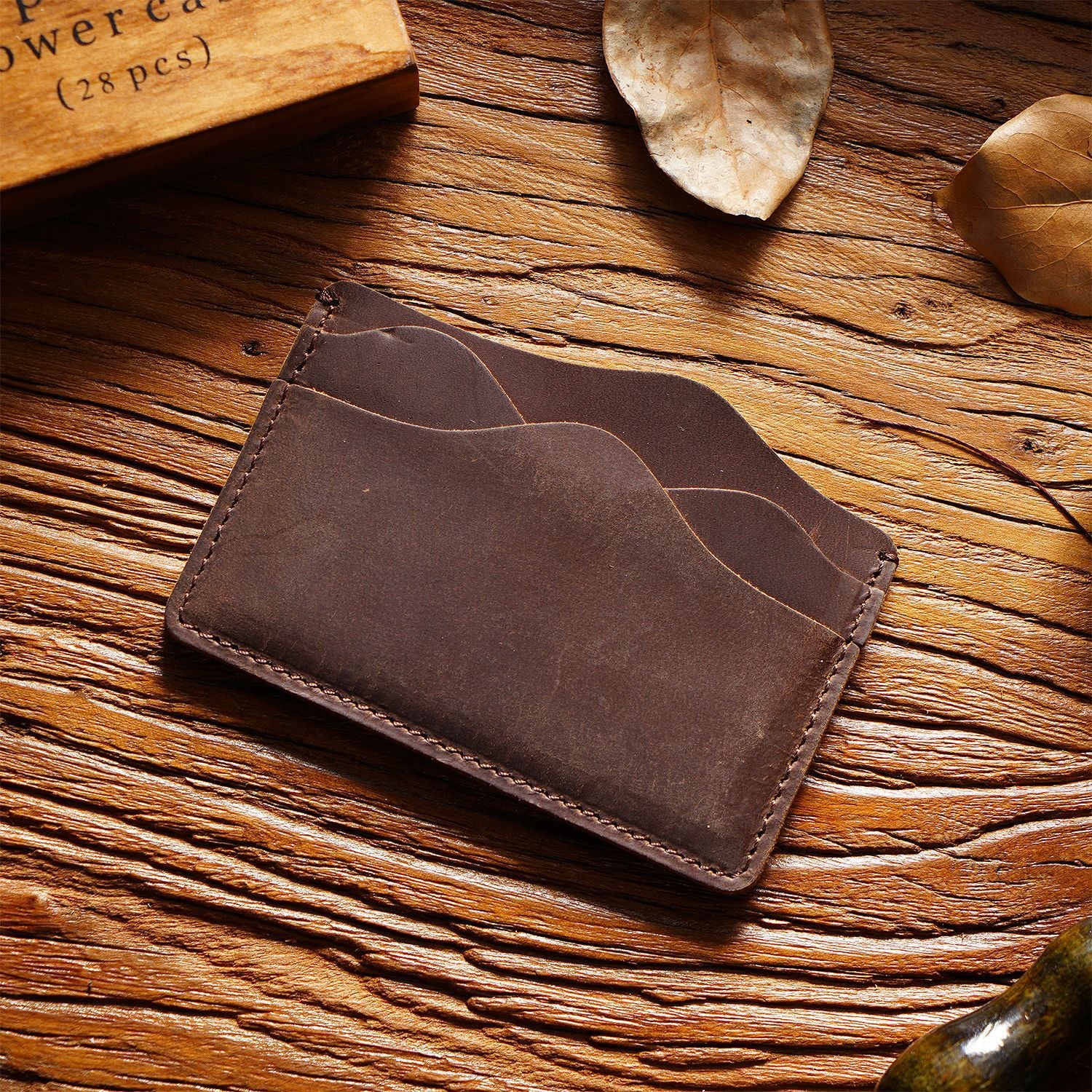 Coffee Minimalist Slim Crazy Horse Leather Card Holder - Vintage Handcrafted Top Grain Cowhide Wallet and ID Case for Men