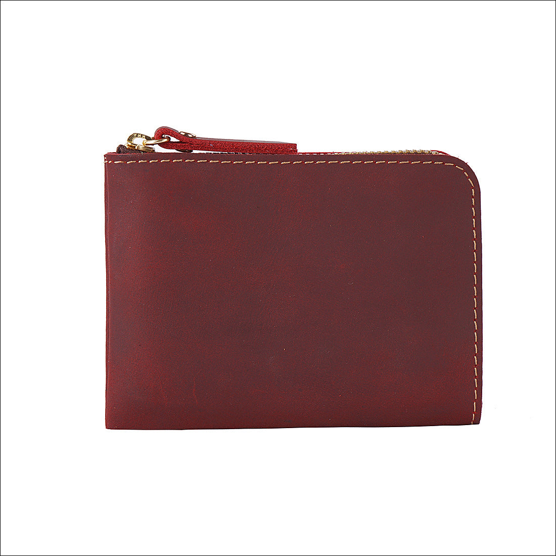 Wine Red Handmade Crazy Horse Leather Wallet Minimalist L-Zip Card Holder Top Layer Cowhide Short Purse with Coin Pocket 12cm Vintage Style