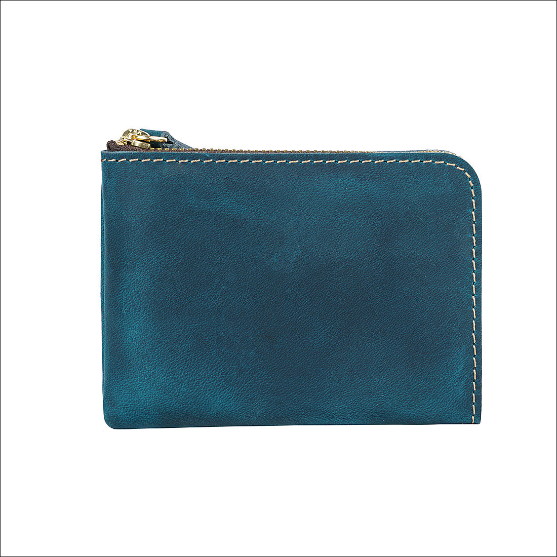 Blue Handmade Crazy Horse Leather Wallet Minimalist L-Zip Card Holder Top Layer Cowhide Short Purse with Coin Pocket 12cm Vintage Style