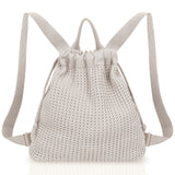 Grey Bohemian Crochet Knit Drawstring Backpack - Hand-Woven Versatile Tote & Shoulder Bag for Vacation, Travel, and Daily Use
