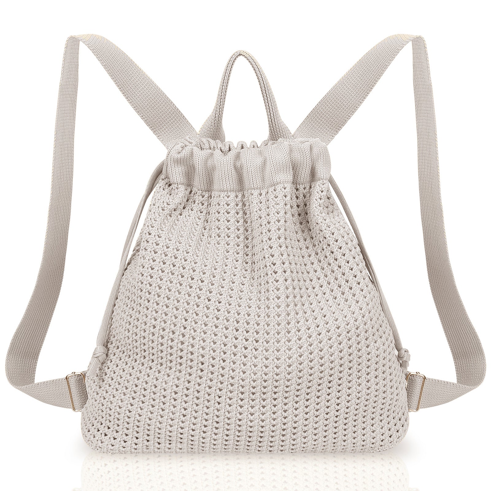 Grey Bohemian Crochet Knit Drawstring Backpack - Hand-Woven Versatile Tote & Shoulder Bag for Vacation, Travel, and Daily Use