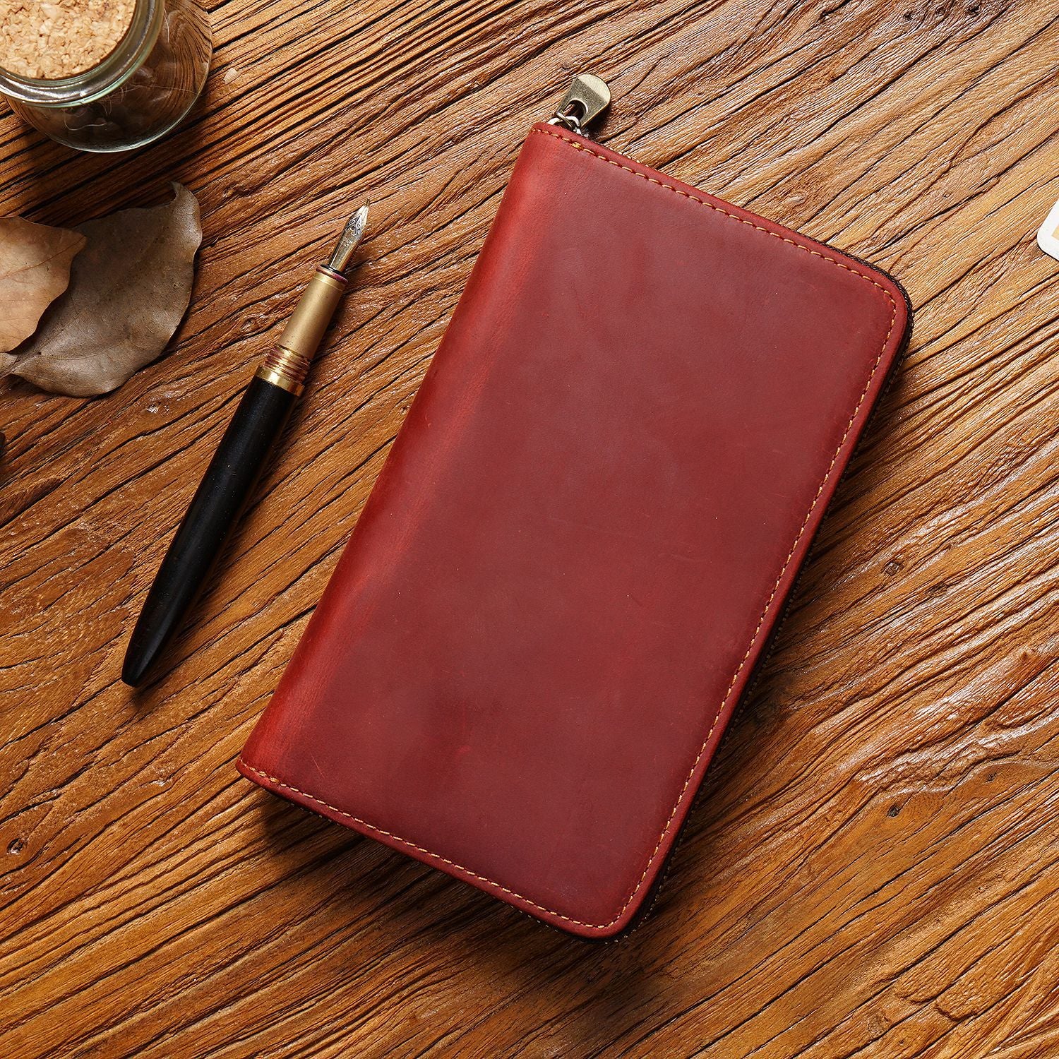 Wine Red Genuine Crazy Horse Leather Fountain Pen Case Zippered Organiser Pouch with 5 Elastic Loops & Mesh Pocket Vintage Stationery Holder