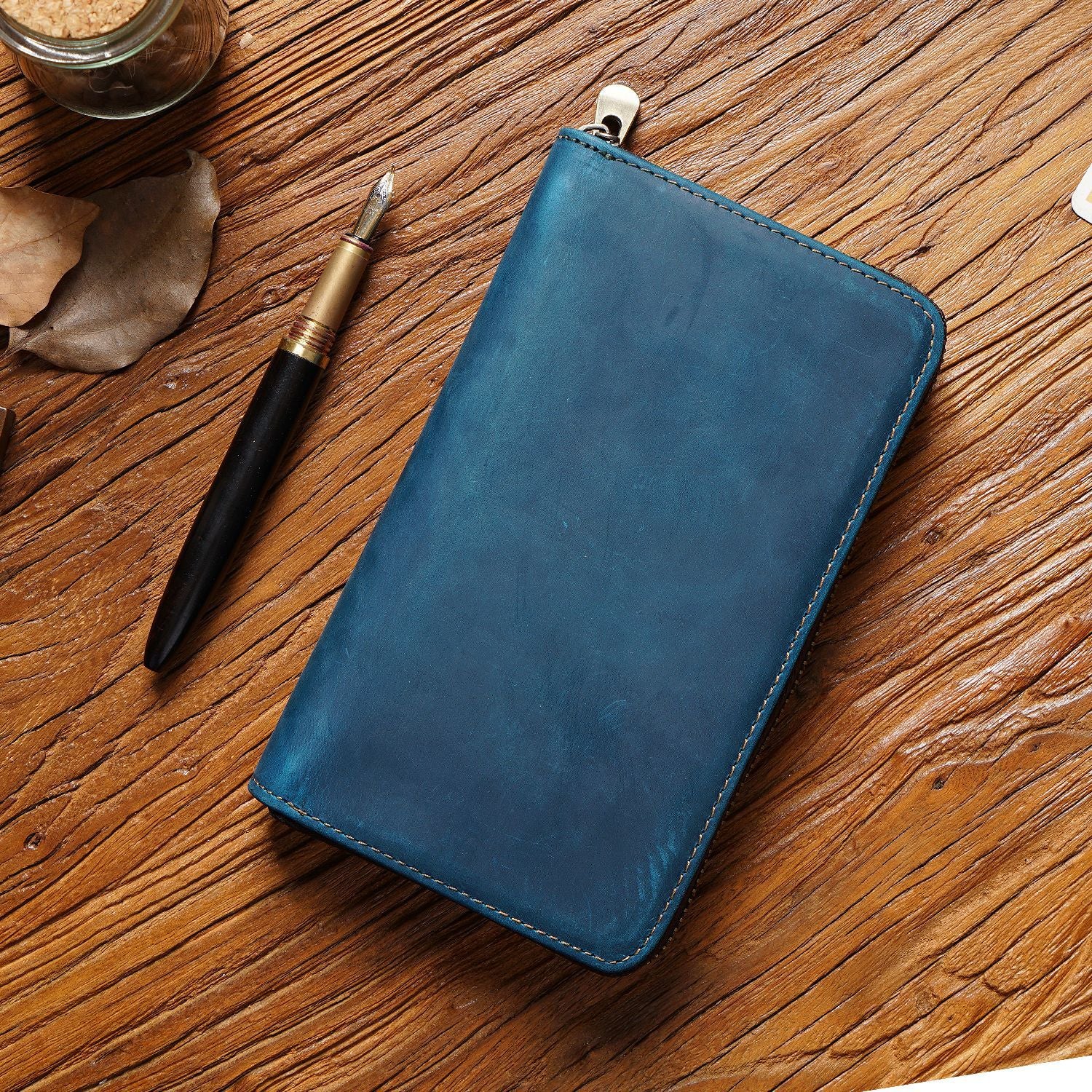 Blue Genuine Crazy Horse Leather Fountain Pen Case Zippered Organiser Pouch with 5 Elastic Loops & Mesh Pocket Vintage Stationery Holder