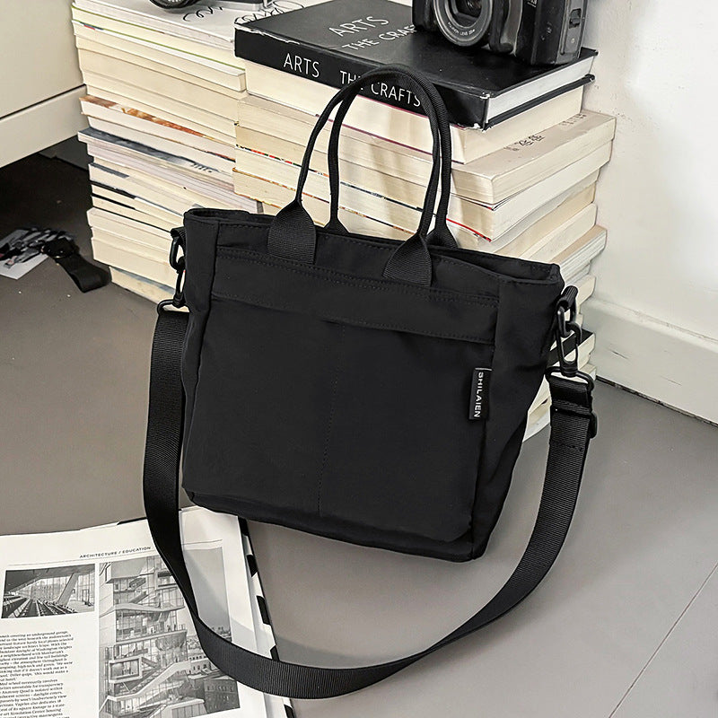 Black Lightweight Nylon Grid Tote Bag - Versatile Multi-Compartment Shoulder and Crossbody Bag for Daily Commute and Casual Travel