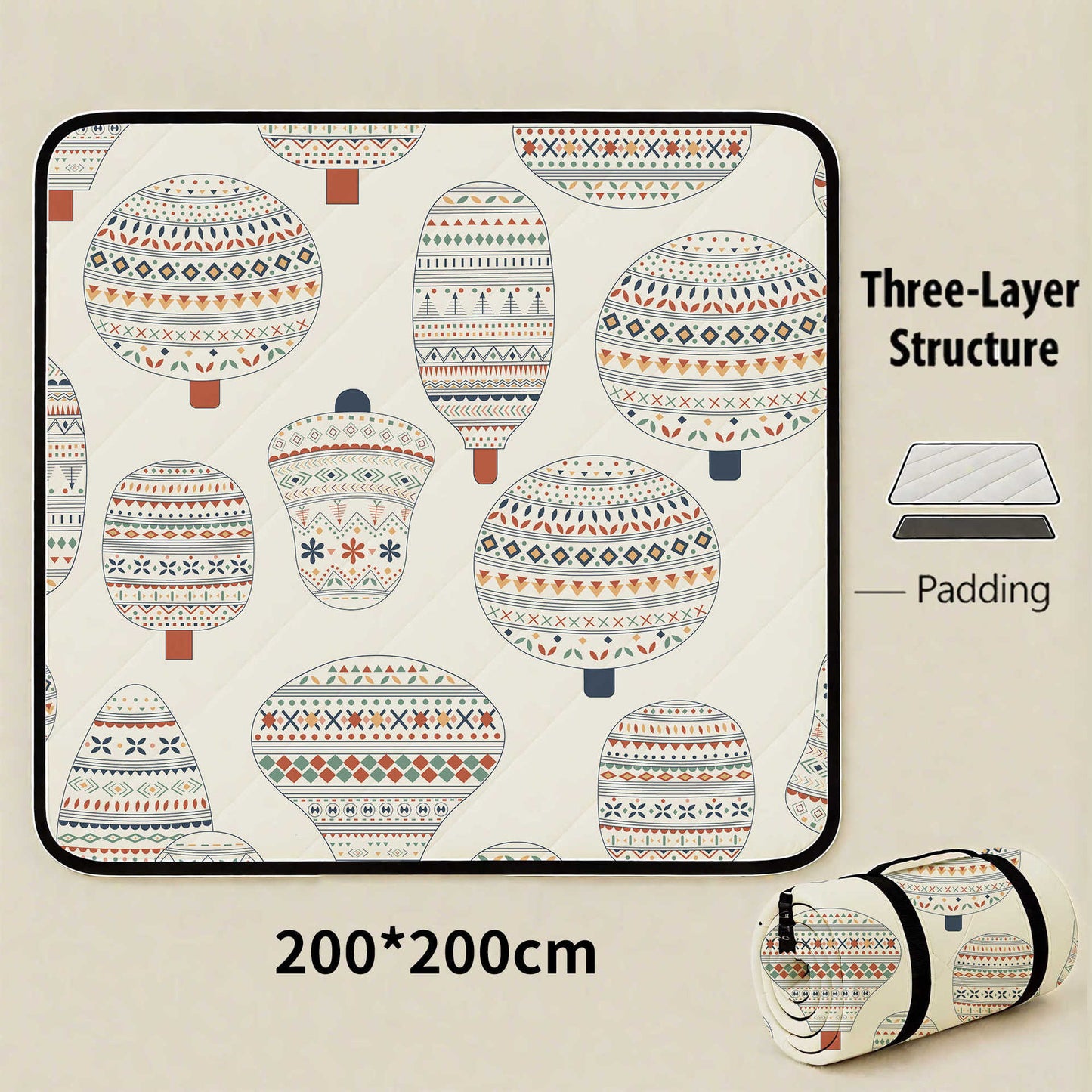 Hot-air Balloon Flight Extra Large 200x200cm Waterproof Picnic Mat - Portable Thickened Oxford Cloth Outdoor Camping Blanket for Beach, Parks and Family Outings