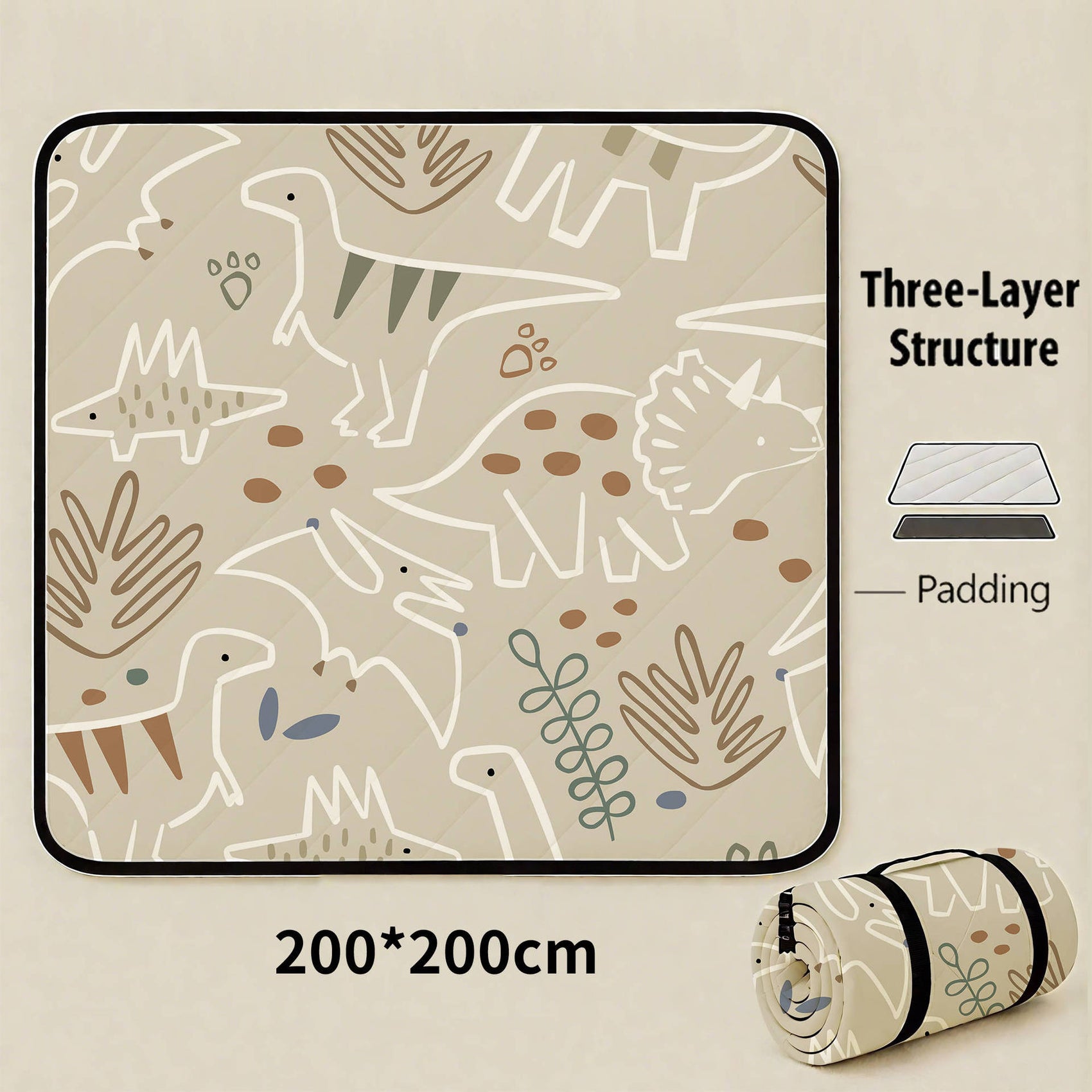 Line Dinosaur Extra Large 200x200cm Waterproof Picnic Mat - Portable Thickened Oxford Cloth Outdoor Camping Blanket for Beach, Parks and Family Outings