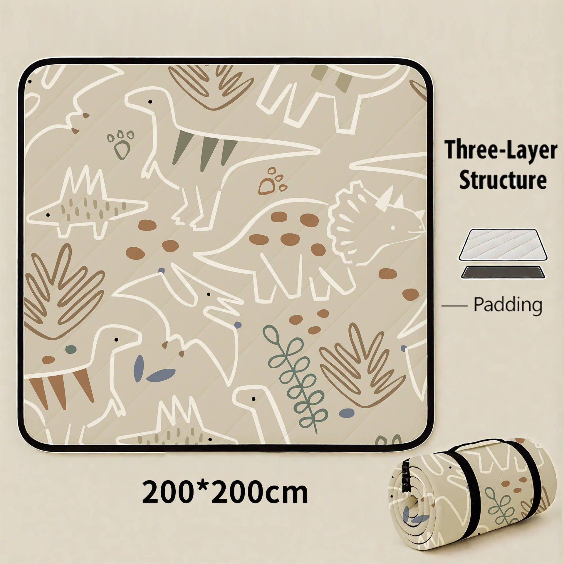 Line Dinosaur Extra Large 200x200cm Waterproof Picnic Mat - Portable Thickened Oxford Cloth Outdoor Camping Blanket for Beach, Parks and Family Outings