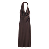 S Elegant Halter Neck Satin Midi Dress - Sexy Asymmetric Draped Evening Gown with Metal Hardware Accent for Women