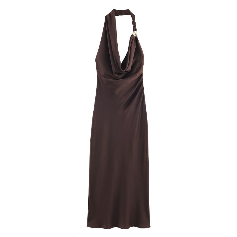L Elegant Halter Neck Satin Midi Dress - Sexy Asymmetric Draped Evening Gown with Metal Hardware Accent for Women