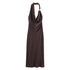 L Elegant Halter Neck Satin Midi Dress - Sexy Asymmetric Draped Evening Gown with Metal Hardware Accent for Women