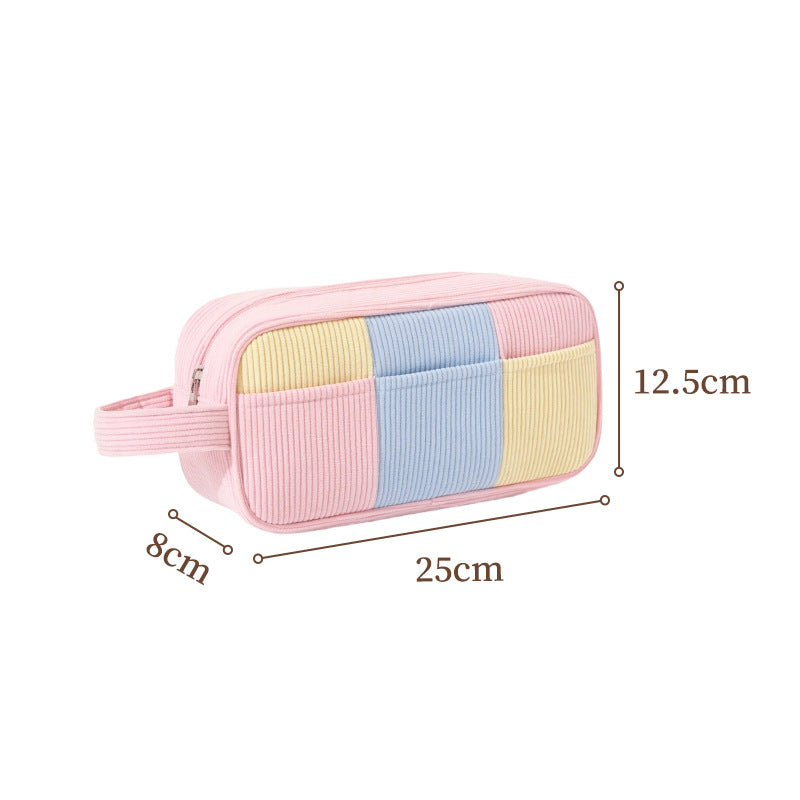 Pink Trendy Color-Block Corduroy Makeup Bag - Large Capacity Travel Cosmetic Organizer with Easy-Access Wide Opening and Portable Handle
