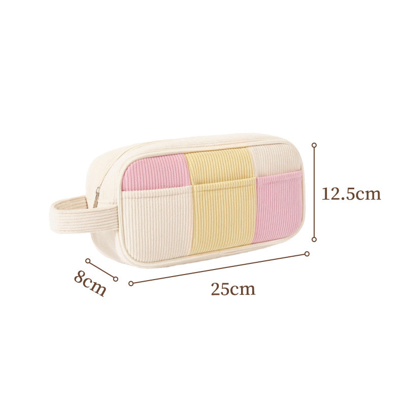 Yellow Trendy Color-Block Corduroy Makeup Bag - Large Capacity Travel Cosmetic Organizer with Easy-Access Wide Opening and Portable Handle