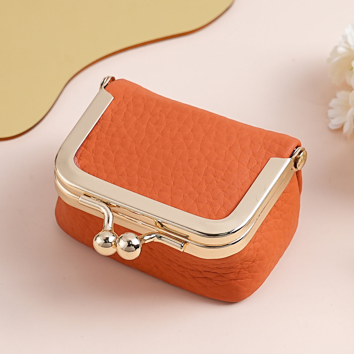 Orange Genuine Leather Mini Kiss-Lock Jewelry Pouch - Portable Travel Organizer for Rings, Earrings, Necklaces, and Coins