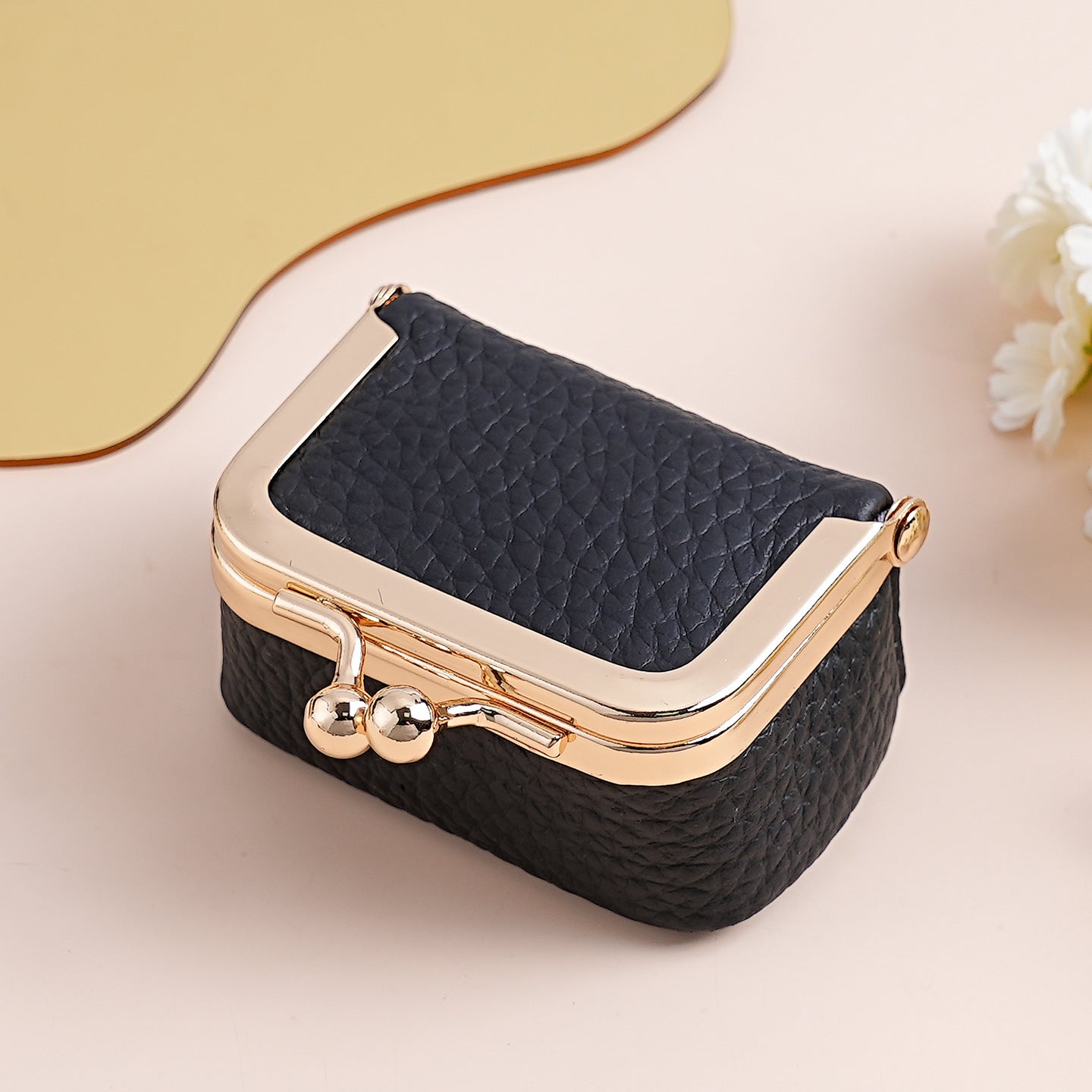 Black Genuine Leather Mini Kiss-Lock Jewelry Pouch - Portable Travel Organizer for Rings, Earrings, Necklaces, and Coins