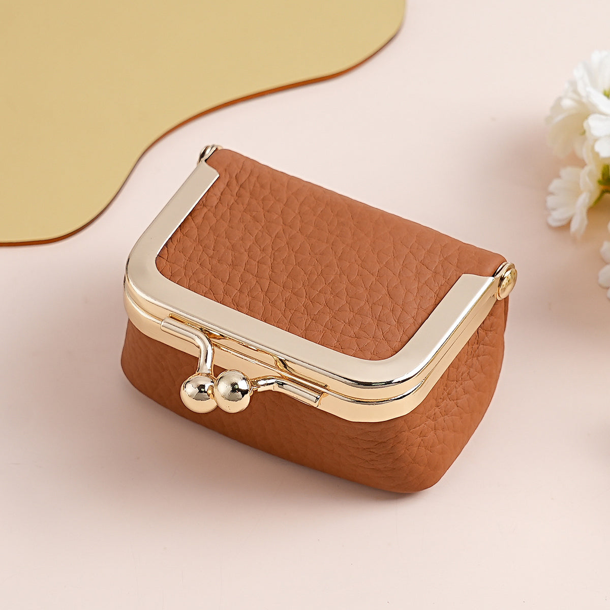 Brown Genuine Leather Mini Kiss-Lock Jewelry Pouch - Portable Travel Organizer for Rings, Earrings, Necklaces, and Coins