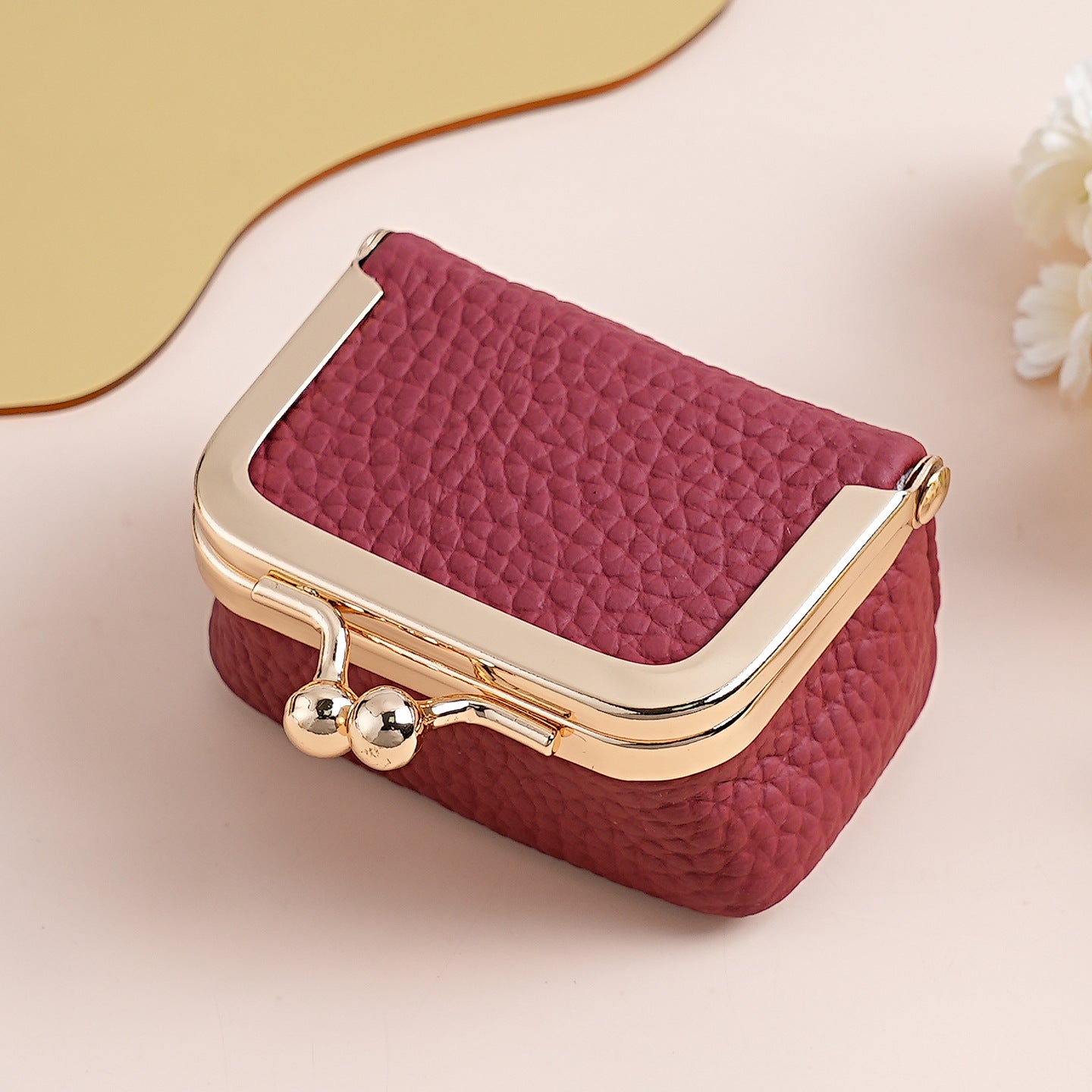 Wine Red Genuine Leather Mini Kiss-Lock Jewelry Pouch - Portable Travel Organizer for Rings, Earrings, Necklaces, and Coins