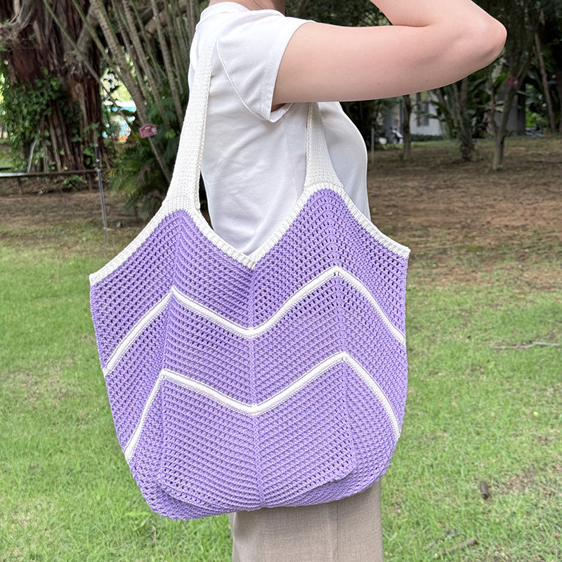 Purple Bohemian Chic Knit Tote Bag | Large Capacity Chevron Weave Shoulder Bag | Fashionable Casual Mesh Carryall