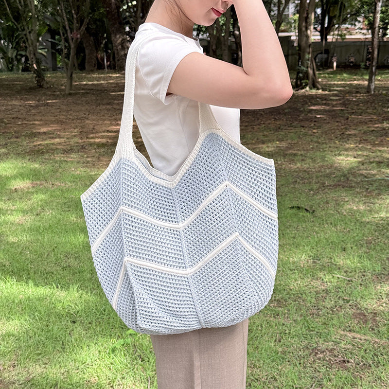 Blue Bohemian Chic Knit Tote Bag | Large Capacity Chevron Weave Shoulder Bag | Fashionable Casual Mesh Carryall
