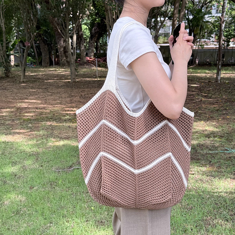 Coffee Bohemian Chic Knit Tote Bag | Large Capacity Chevron Weave Shoulder Bag | Fashionable Casual Mesh Carryall