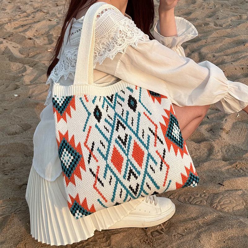 Beige Bohemian Tribal Print Knit Tote Bag | Large Capacity Woven Style Handbag | Fashion Ethnic Shoulder Carryall