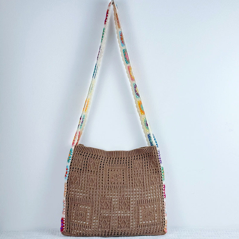 Coffee Chic Bohemian Hollow Knit Tote Bag | Large Capacity Crossbody Shoulder Bag | Versatile Casual Holiday Style