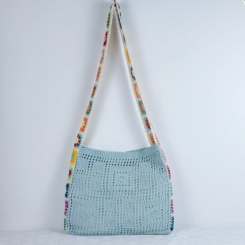 Blue Chic Bohemian Hollow Knit Tote Bag | Large Capacity Crossbody Shoulder Bag | Versatile Casual Holiday Style