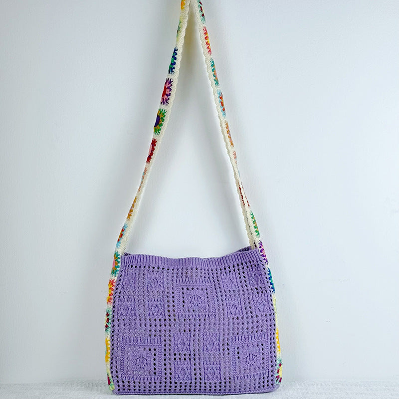 Purple Chic Bohemian Hollow Knit Tote Bag | Large Capacity Crossbody Shoulder Bag | Versatile Casual Holiday Style