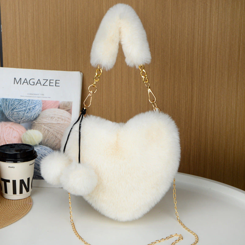 Beige 2PCS Luxury Faux Rabbit Fur Heart-Shaped Handbag | Adorable Plush Crossbody Shoulder Bag | Fashionable Statement Piece