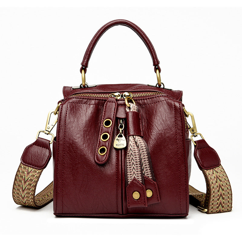Red Vintage Look PU Leather Box Bag | Stylish Top Handle Crossbody Tote | Multi-Carry Bucket Bag with Wide Strap