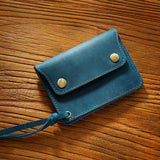 Blue Handmade Crazy Horse Leather Wallet Vintage Coin Purse Zipper Card Holder with Strap Snap Closure Top Layer Cowhide 12cm